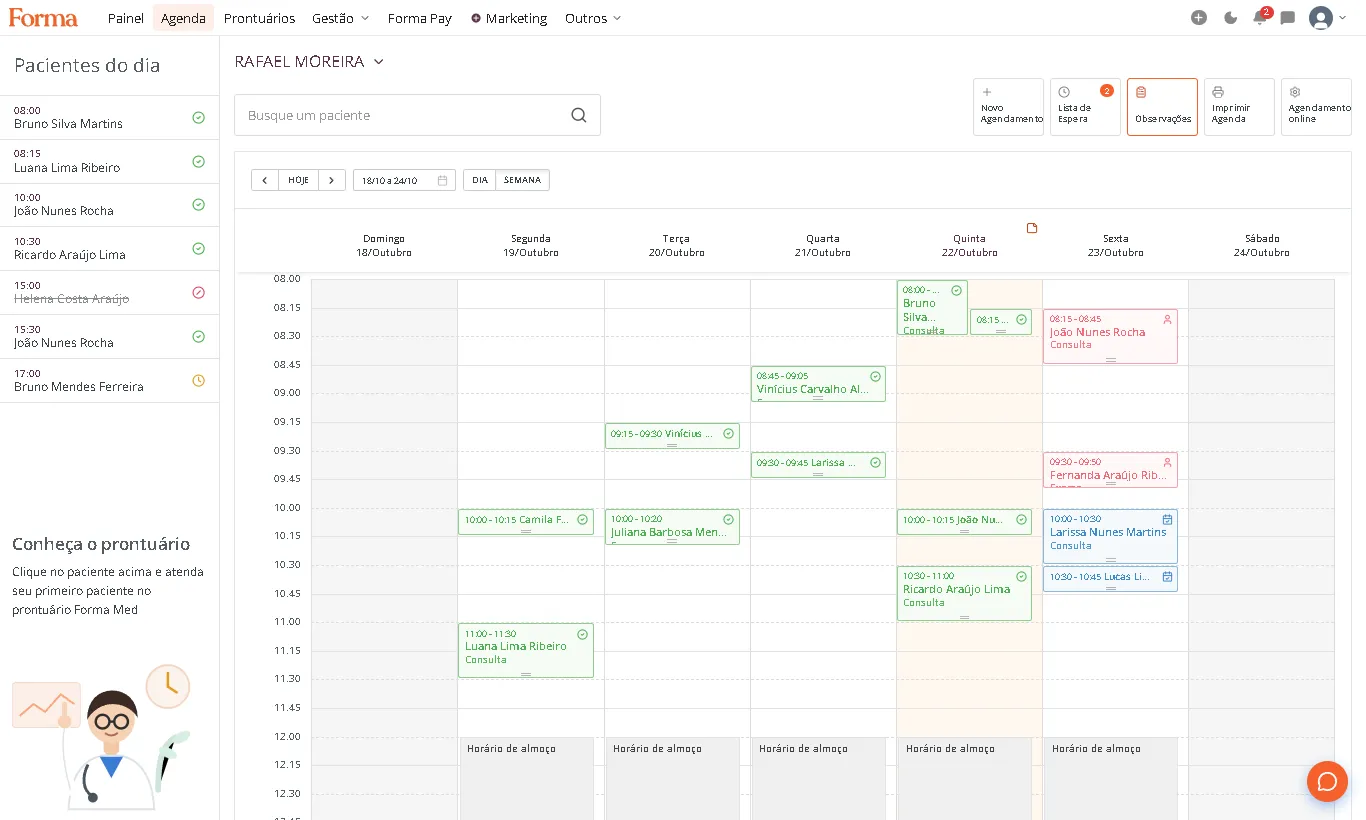 Agenda semanal do Forma Med com consultas coloridas por status