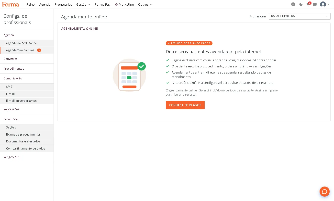 Configuração do agendamento online com horários liberados para pacientes