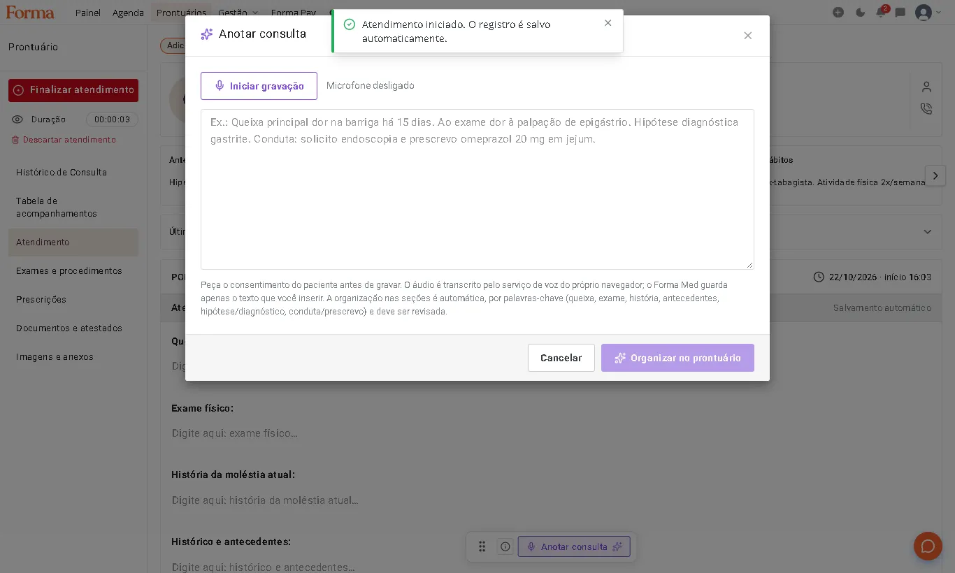 Janela Anotar consulta, que transcreve o que você dita e organiza no prontuário