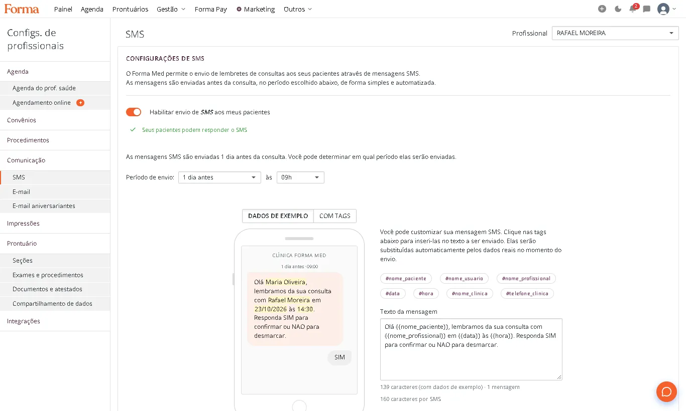 Configuração de lembretes por SMS com mensagem personalizada